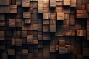 Wood panel wall, unique design with square cube elements. Beautiful wavy texture of the boards. Abstract background.
