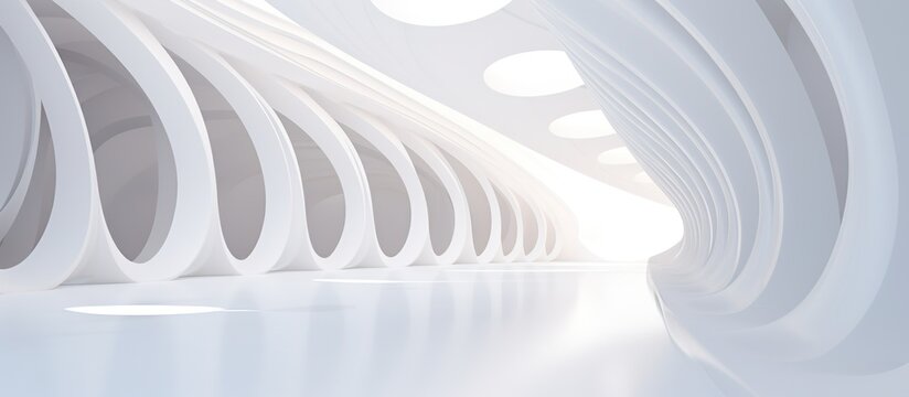White futuristic architecture. Brightly lit large airy hall, gallery, corridor, fantastic airport terminal. Round minimalistic freeform, organic design. Smooth curves of lines, conceptual building.