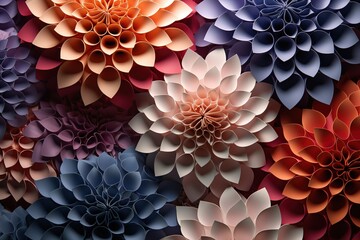 Multi-colored paper flowers, origami. Floral pastel background.