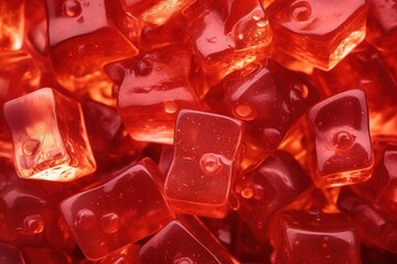 Background with red jelly candies lying on it, soft transparent marmalade cubes.