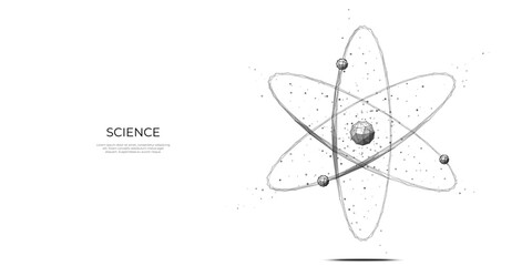 Isolated polygonal science atom symbol on white background. Abstract nuclear molecule icon. Science chemistry concept. Technology low poly style. Vector illustration from geometric shapes.