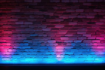 Brick wall illuminated with red and blue neon light. Volumetric texture, cyberpunk loft background.