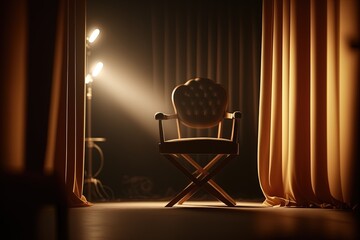 An office chair in a beam of studio light in the middle of a dark room, a cinematic scene. Free vacancy concept, leadership, ideal candidate. AI generated.