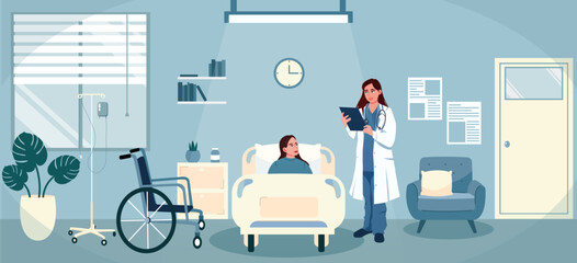 Person with disabilities on therapy in clinic. Doctor visiting patient in ward. Nurse provide hospital care. Woman lying in bed indoor clinic room. Wheelchair near bed. Flat Vector illustration