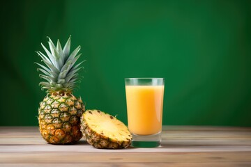 glass filled with juice, whole pineapple behind