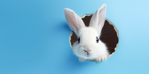 Adorable white bunny looking through the hole in the blue backround. Easter add. copy space