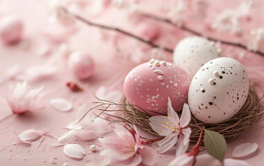 Easter eggs and sakura flower on pastel pink background