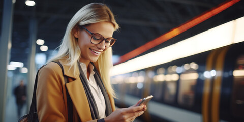 Happy woman texting on smart phone at train station - obrazy, fototapety, plakaty