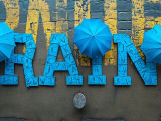 Blue umbrellas and textured 'RAIN' letters on a gritty urban backdrop, capturing the essence of weather change