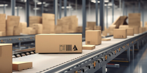High quality photo, 8k, Closeup of multiple cardboard box packages seamlessly moving along a conveyor belt in a warehouse fulfillment center