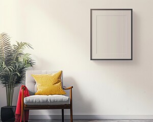 Modern minimalist interior with framed picture, wooden chair, and red accents, perfect for home decor and design concepts