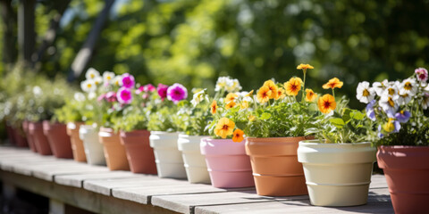 Fototapeta na wymiar Gardening background with flowerpots in sunny spring or summer garden