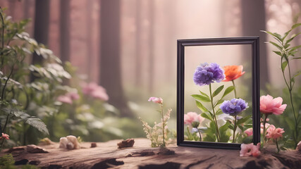  Blank picture frame in nature with a landscape view.  AI generated image, ai