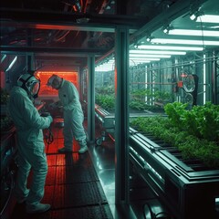 Astronaut Tending to Space Station Greenhouse Crops. Perfect for themes of space exploration, futuristic farming, and innovation