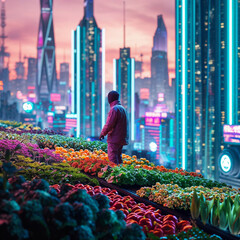 Futuristic Urban Gardener Overlooking High-Tech Cityscape. Ideal for urban farming, sustainability, and futuristic living