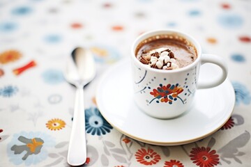 hot chocolate in a white mug with a silver spoon on the side