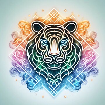 Minimalist neon line logo of a tessellated geometric Tiger surrounded by colorful smoke effects vectorized, symmetrical, white background.