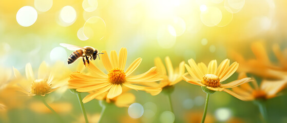 Bee working on a bright sunny day with beautiful bokeh Beautiful colorful summer spring natural flower background.