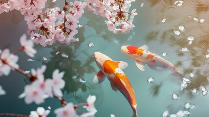 Serenity in Spring: Koi Fish and Cherry Blossoms Reflecting in a Tranquil Pond