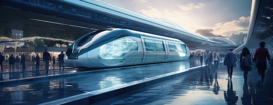 A futuristic train gracefully departs from an ultra-modern station, embodying the sleekness of modern transportation.