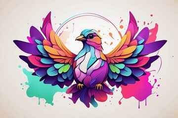 Minimalist neon line logo of a tessellated geometric Bird surrounded by colorful smoke effects vectorized, symmetrical, white background
