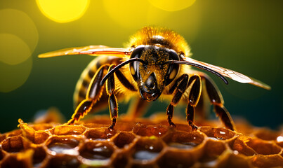 closeup of bees on honeycomb in apiary