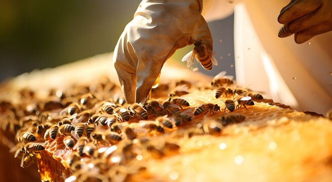 Beekeeper collecting honey by opening wax cells copy space image