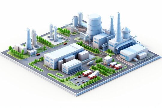 Isometric View Industrial Complex with Small Factories and Facilities, Set on a White Surface, Generative AI