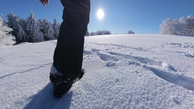 Wandern im Schnee in bezaubernder sonnigen Winterlandschaft mit blauem Himmel, Winterwandern,  Schneewanderung, Winterwanderung, Schneeurlaub, Schneebergsteigen, Schneeschuhwandern,  Urlaub