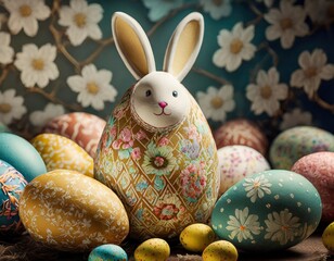A close-up of a bunny-shaped Easter egg surrounded by smaller eggs with varying patterns.