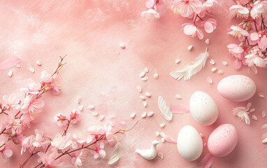 Obraz na płótnie Canvas Easter eggs and sakura flower on pastel pink background