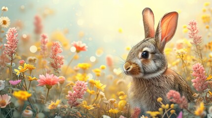 Fototapeta na wymiar Easter bunny sitting between flowers - springtime
