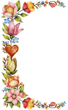 Watercolor illustration of floral frame with colorful decorations in soft art style.