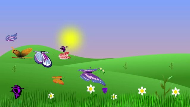 Spring environment animation with butterflies and fields, flat graphic cartoon background