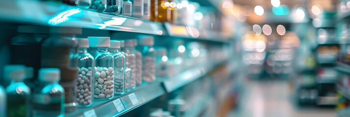 Blurred background of a pharmacy store. Pharmacist and medicine concept