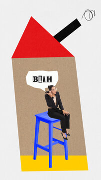 Modern aesthetic artwork. Young lady in smart casual outfit sitting on huge stool and talking on the phone with speech, bubble text blah. Working online from home. Concept of business, freelance.