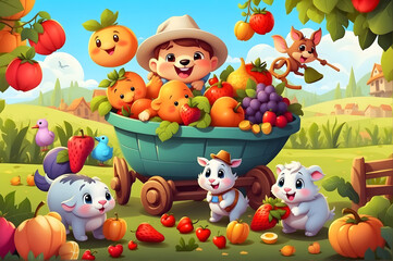 Obraz na płótnie Canvas Cute animals, Cute chibi vegetables and a child playing very happy mood kids story book cartoon style art.