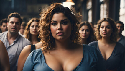 Obraz premium Plus size fashion models, beautiful women, men of different ethnic backgrounds, demonstrate beauty of body, its strength. Portraits of curvy plus-size models, variety body shapes. Model agency casting