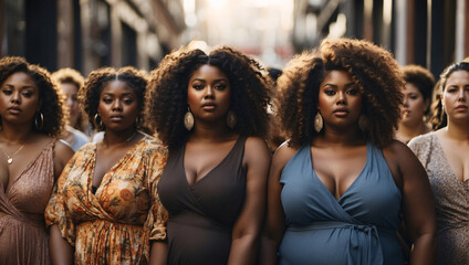 Portrait beautiful women, plus-size fashion models. Ethnic versatility of models, diversity of body shapes. Beautiful girls posing against prejudices of society. Color, richness of cultural heritage - obrazy, fototapety, plakaty