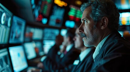 Obraz premium Focused Man in Control Room with Multiple Monitors