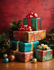 Colorful large and small mystery gift boxes with colorful ribbons on a beautiful Christmas background, close-up