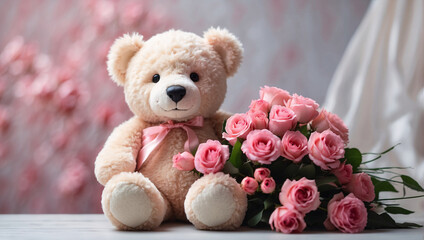 Express your love with a romantic gesture. A cute teddy bear with a bouquet of roses will be the perfect gift for Valentine's Day. A beige bear toy near a bouquet of pink roses on a gentle background