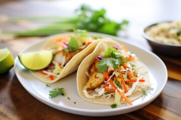 fish tacos with cabbage slaw and lime wedges