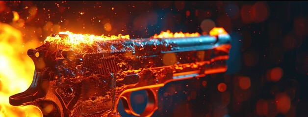 A rifle set against a fiery background, evoking intensity and danger.