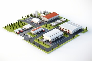 Isometric View Small Industrial Park, Featuring Diverse Manufacturing Units, on an Isolated White Background, Generative AI
