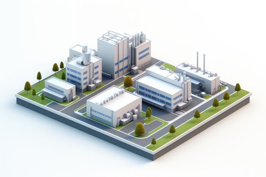 Isometric View Small Industrial Park, Featuring Diverse Manufacturing Units, on an Isolated White Background, Generative AI
