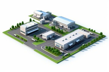 Obraz premium Isometric View Small Industrial Park, Featuring Diverse Manufacturing Units, on an Isolated White Background, Generative AI