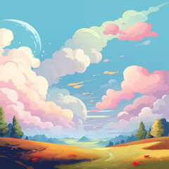 Fototapeta premium multicolor sky with fluffy cloud landscape background cartoon