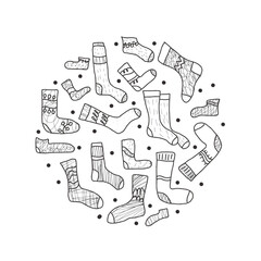 Socks in doodle style. Round badge with symbols of cozy winter lifestyle. Vector black and white design illustration