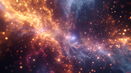 Nebula Nexus: Interstellar Particle Cloud. Vibrant 3D rendering of a cosmic nebula with swirling particles and radiant stars.